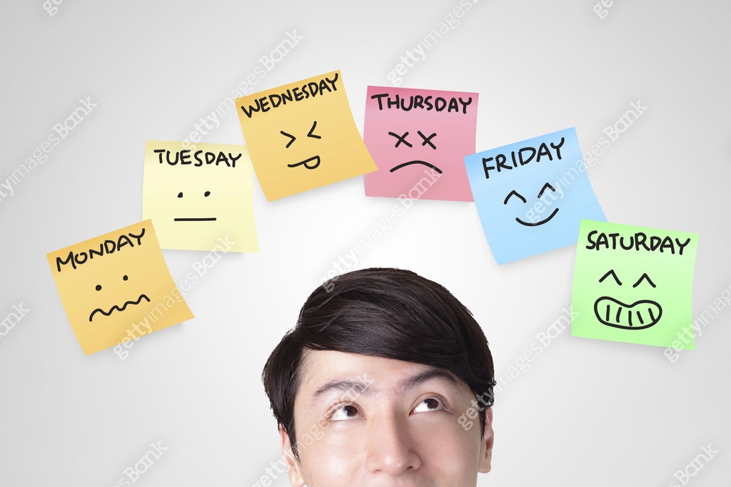 man looking stickers with week of face expression 이미지 (186361599) - 게티이미지뱅크