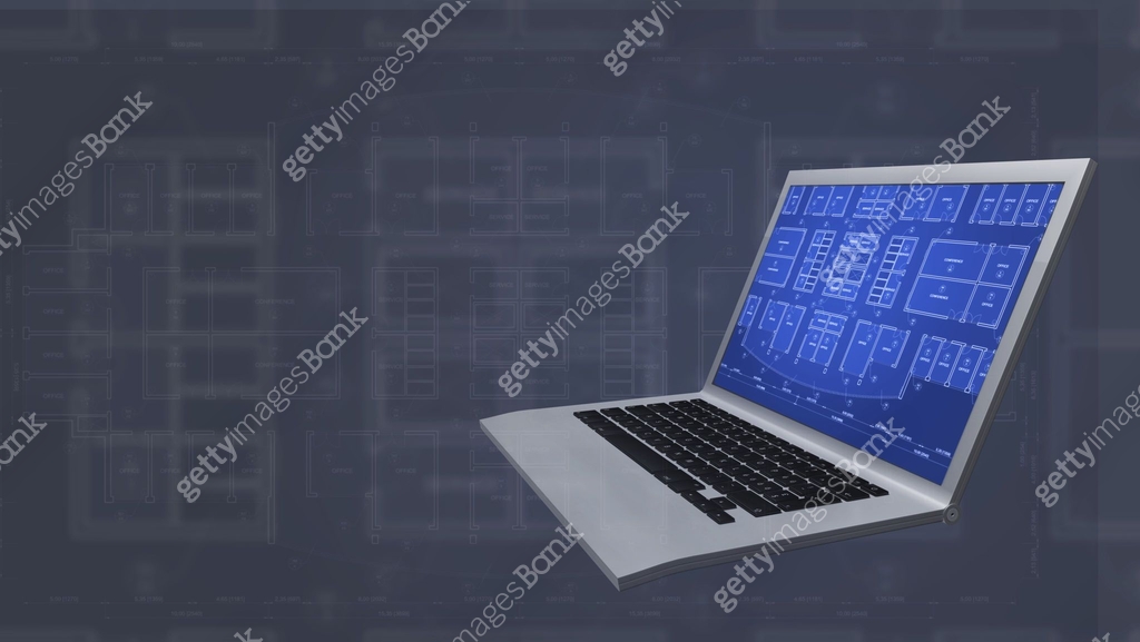 CAD architecture software on a computer display with blueprint ...