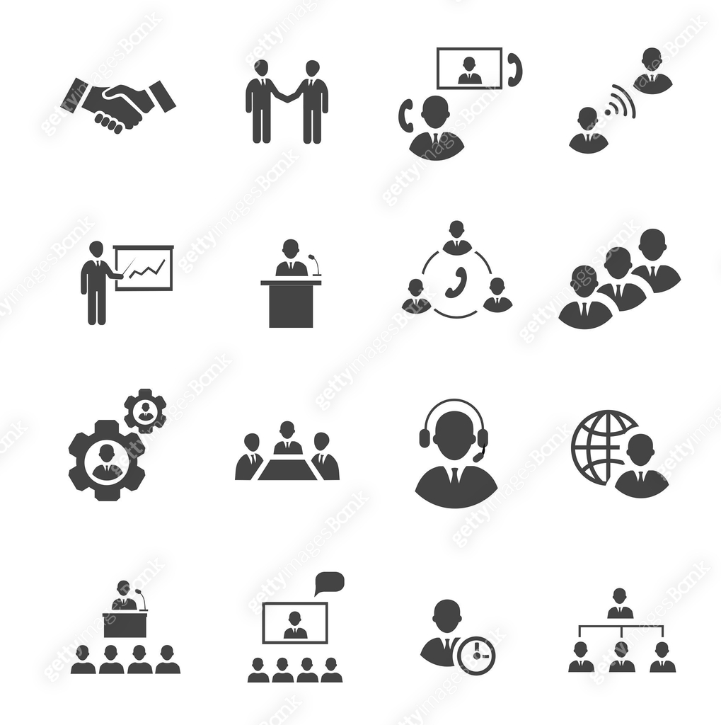 Business people online meeting strategic pictograms set of presentation ...