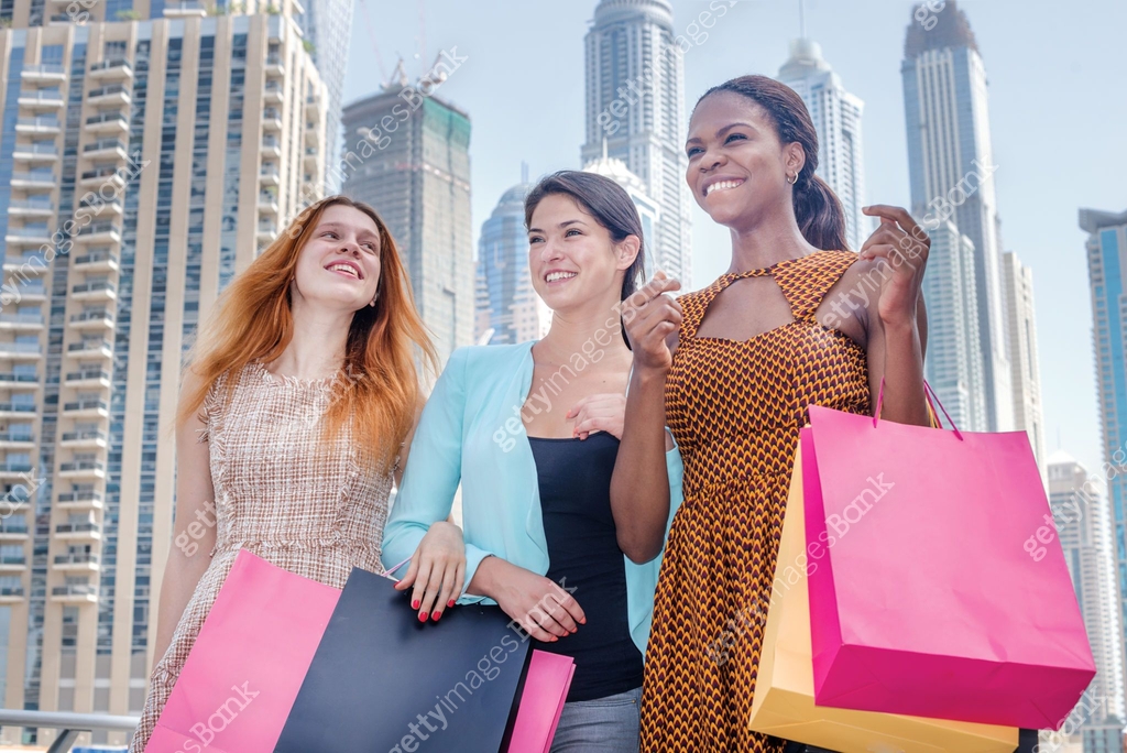 Shopaholics shopping. Beautiful girl in dress holding shopping b 이미지 ...
