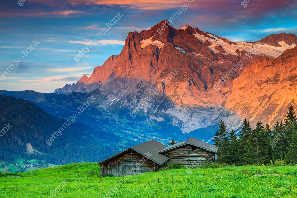 Alpine rural landscape with old wooden barn,Grindelwald,Switzerland ...