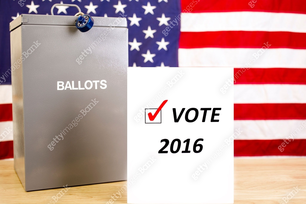 Ballot box with USA flag and sign represents voting concept. 이미지 ...
