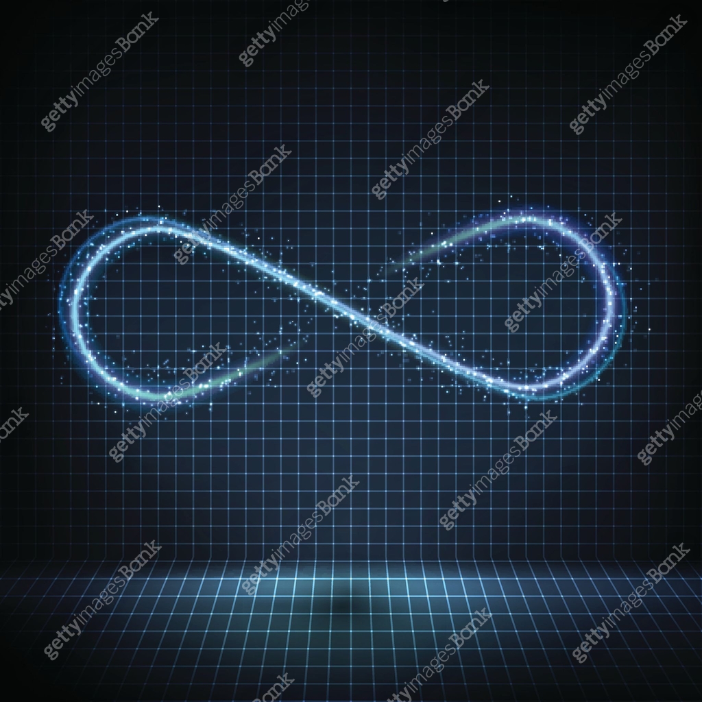 Glowing neon infinity symbol with bright lights and distorted lines 이미지 ...
