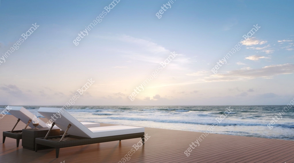Sea side terrace and sunbed 3d rendering image 이미지 (658604886) - 게티이미지뱅크