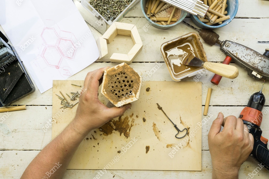 Insect Bank building an insect shelter for wild bees 이미지 (687770834) - 게티이미지뱅크