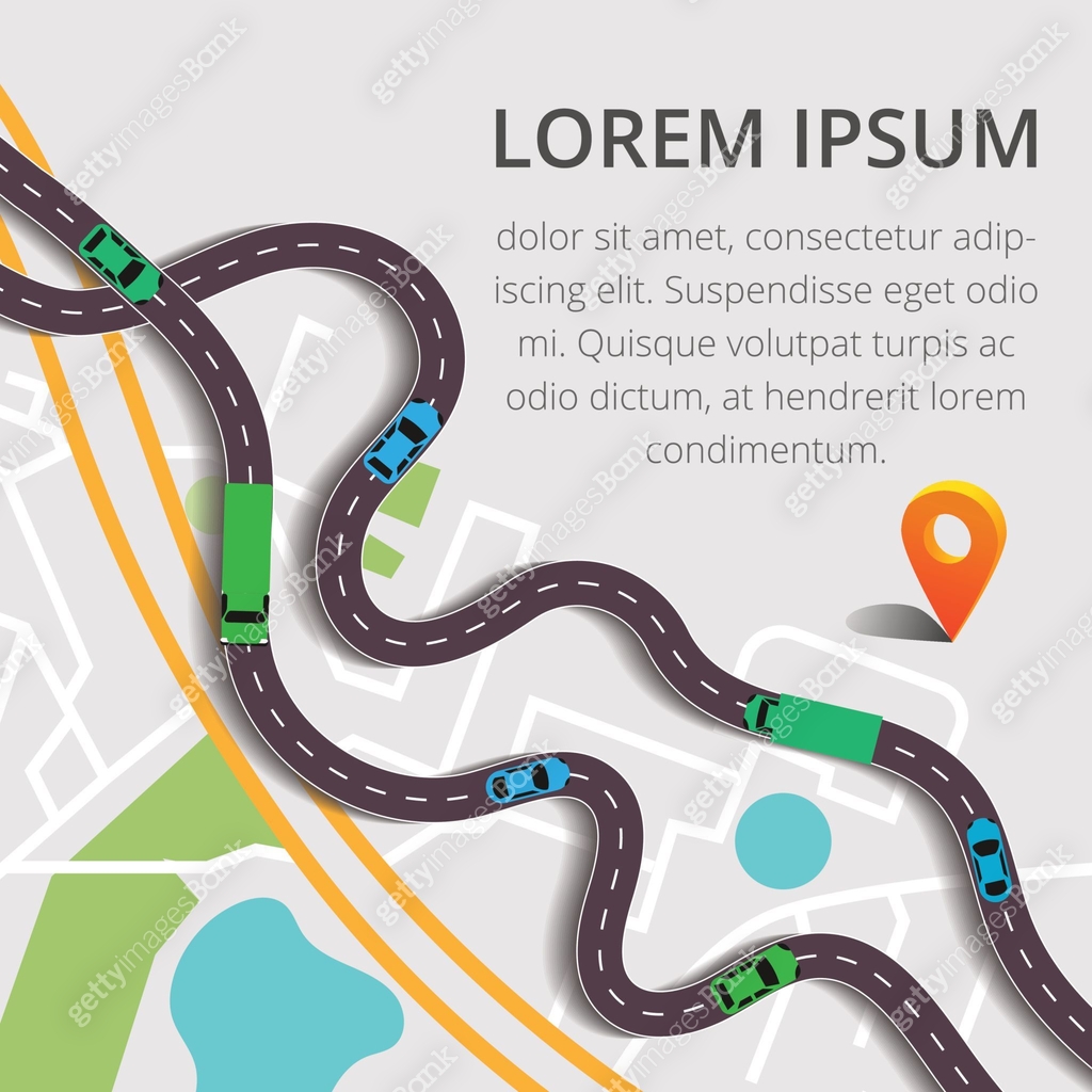 Vector illustration with city map, roads cars, truck and pin pointers ...