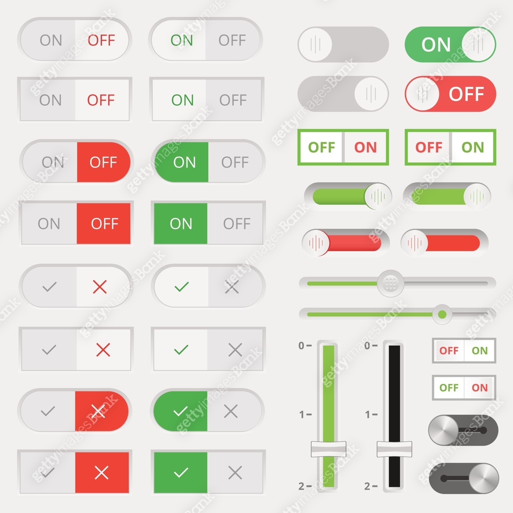 Set of colorful toggle switch icons. Switch buttons. On and Off ...