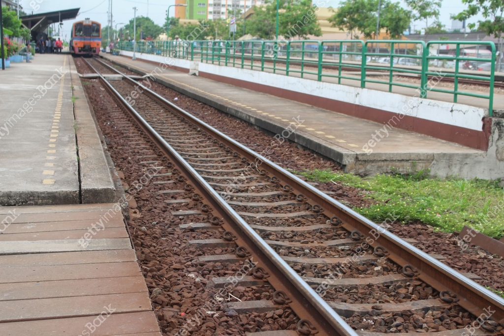 Depth Train railway track on gravel for train transportation: Select focus with ...