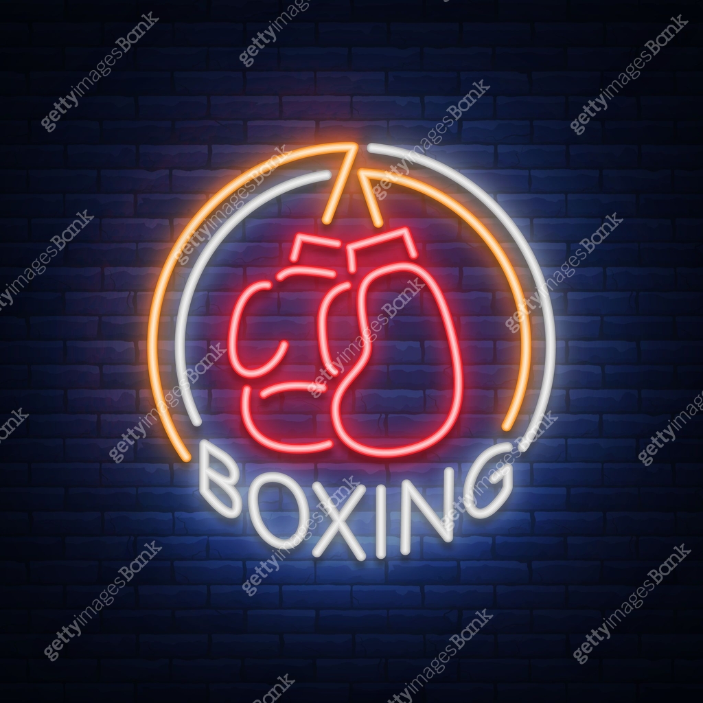 Boxing icon, neon sign emblem is isolated. Vector illustration on sport ...