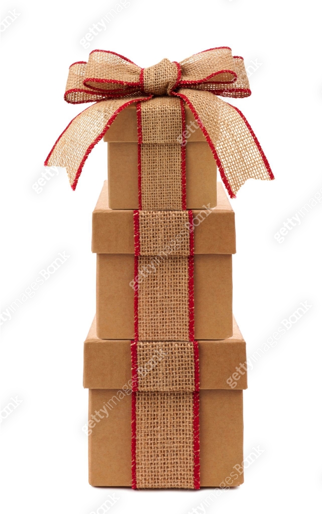 Stacked brown gift boxes with rustic burlap bow and ribbon 이미지 ...