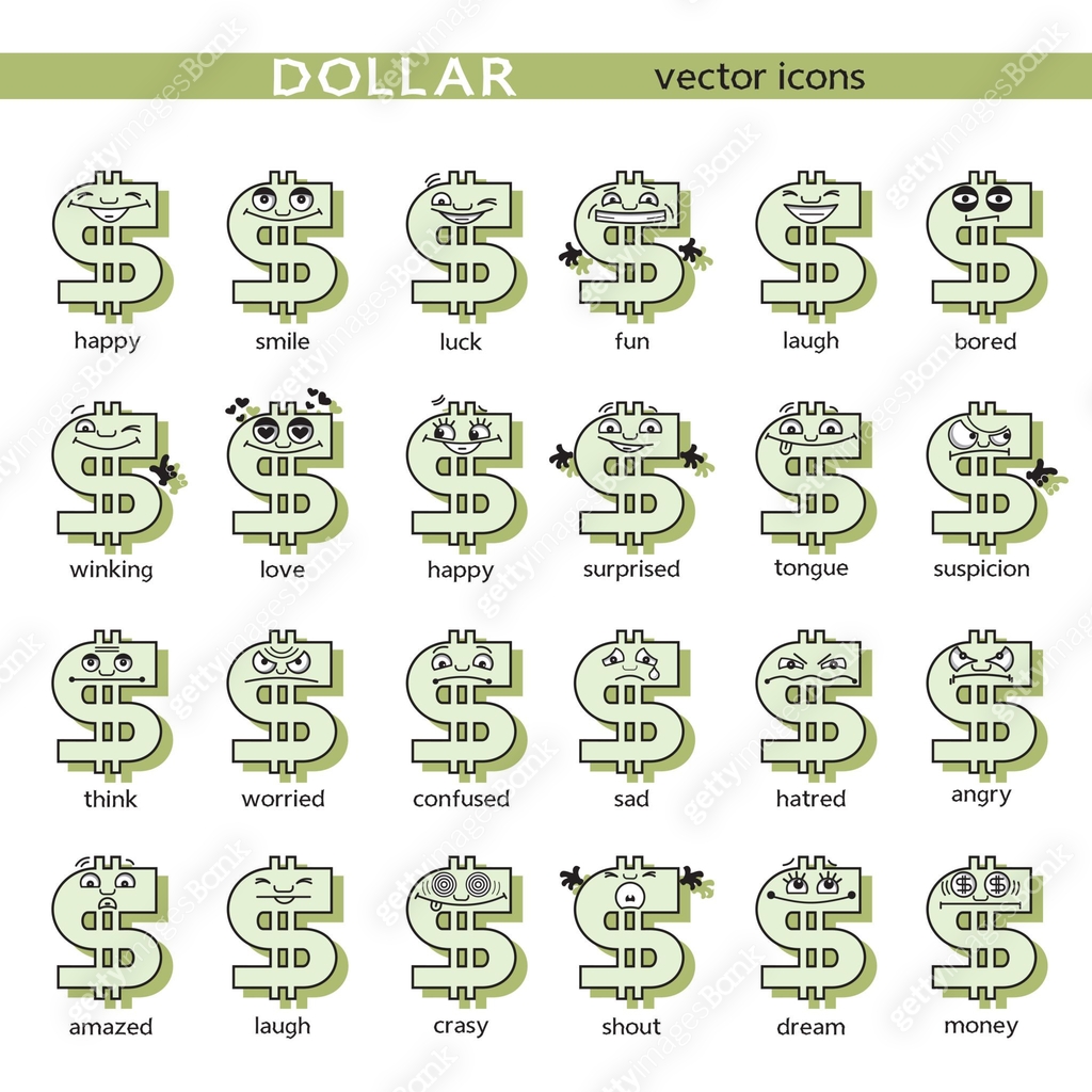 Dollar sign with face, icon set of funny cartoon characters - happy ...