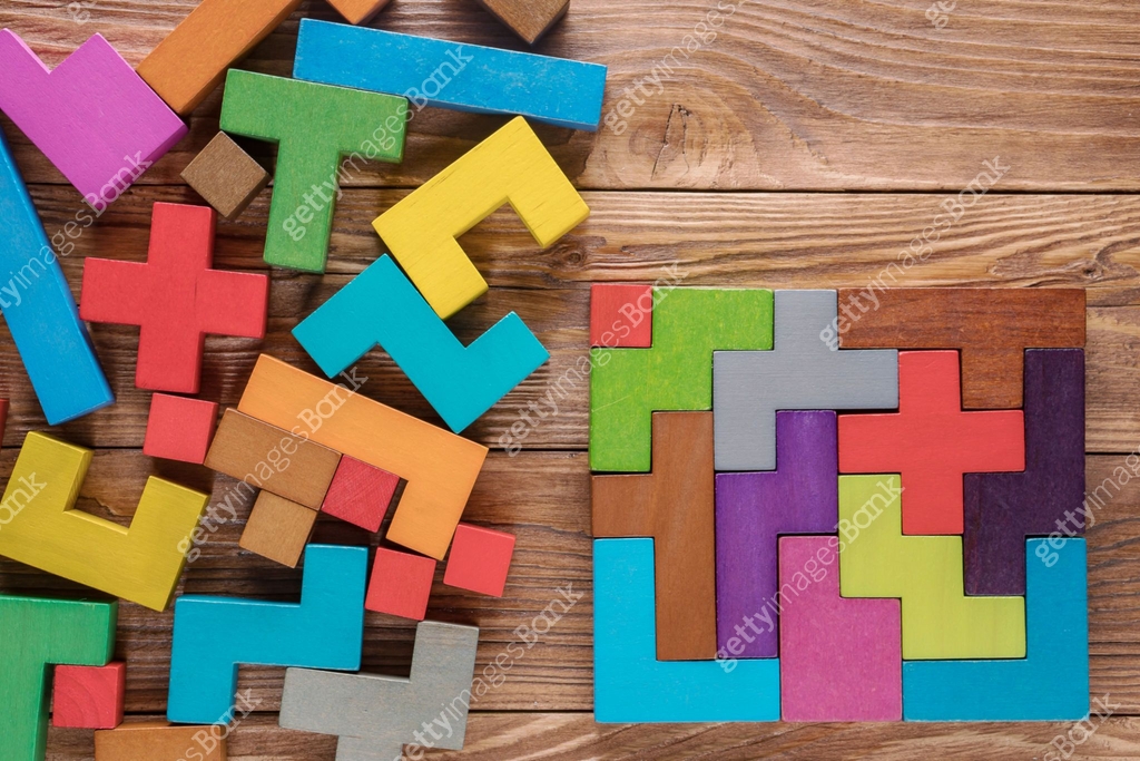 Logical tasks composed of colorful wooden shapes. Visual conundrum ...