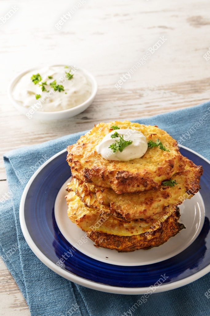 Deep Fried Rosti golden fried rosti pile from cauliflower and parmesan cheese with a ...