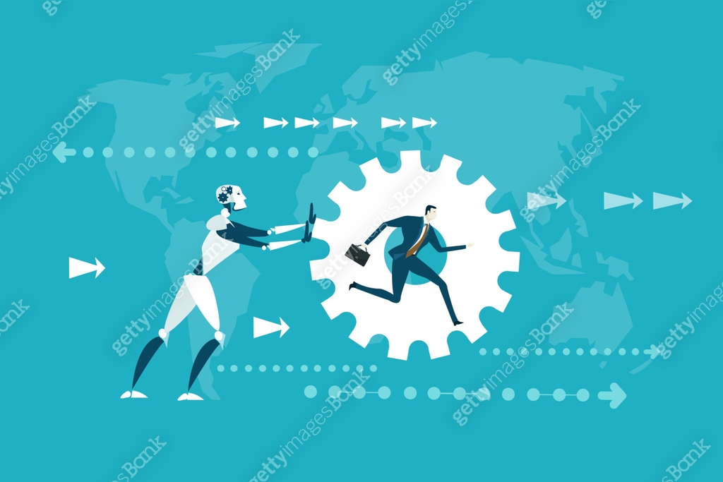 RPA Robotic progress automatisation concept illustration. Human vs ...
