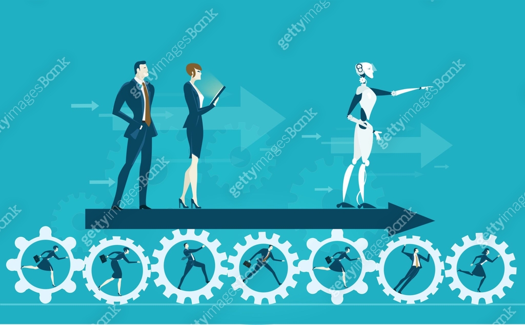 RPA Robotic progress automatisation concept illustration. Human vs ...