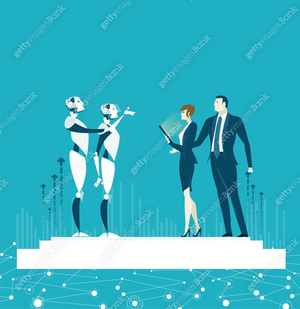 RPA Robotic progress automatisation concept illustration. Human vs ...