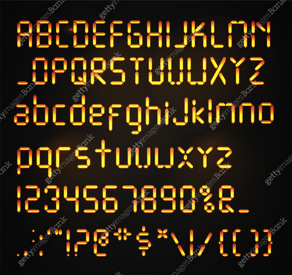 Digital font Isolated. Glowing realistic Digital alphabet. Alarm clock ...