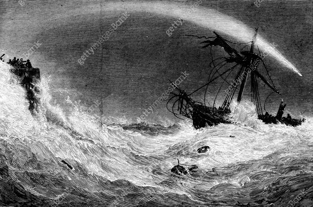 Victorian engraving of a rocket being fired over a ship in distress ...
