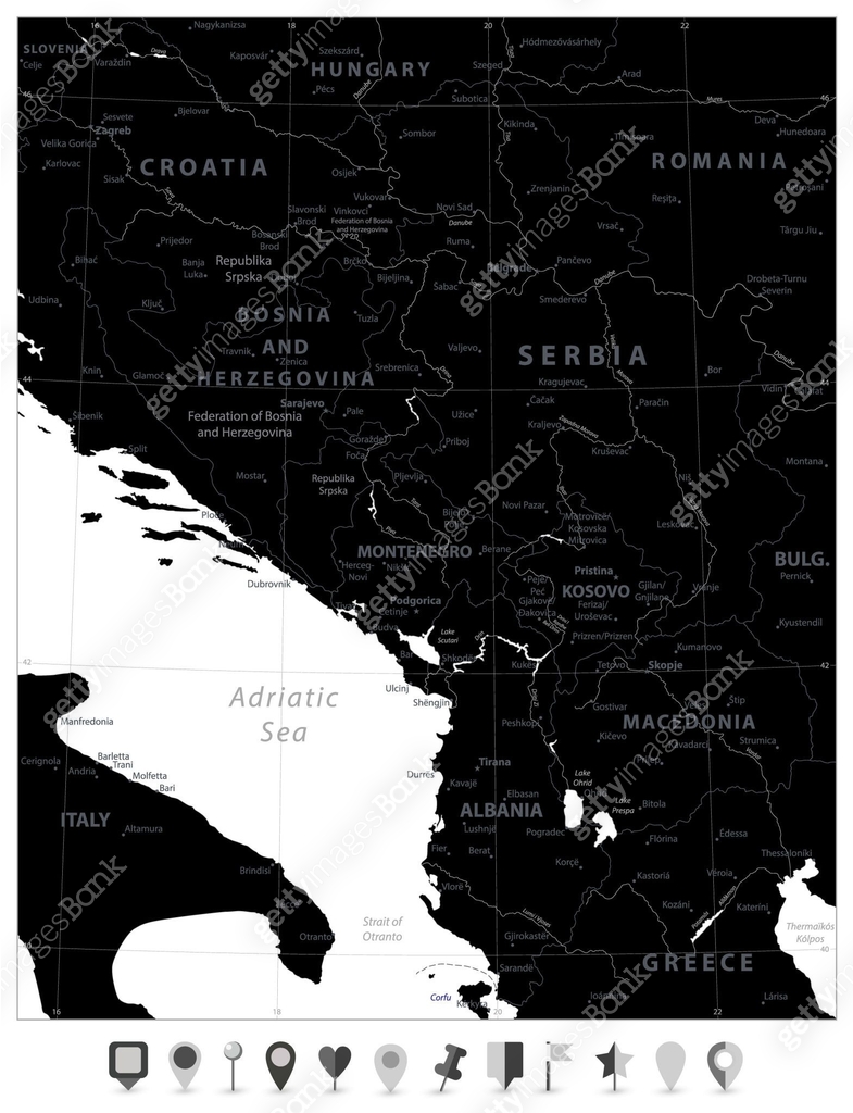 Central Balkan Region Map Black Color and Flat Map Pointers 이미지 ...