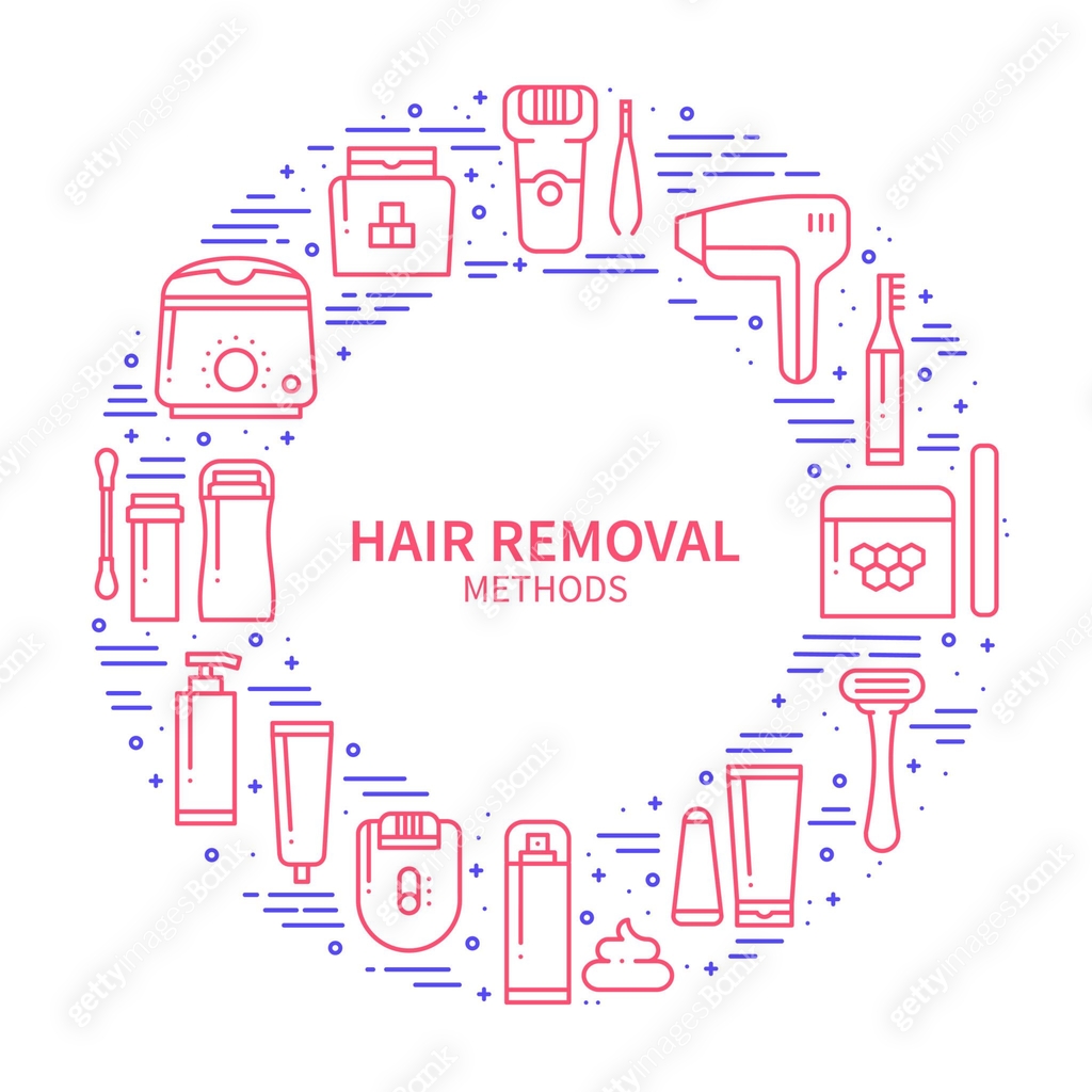 Circle frame with hair removal methods symbols in line style. Shaving ...