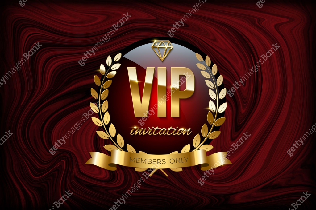 VIP invitation design template. Vector golden ribbon, laurel wreath and ...