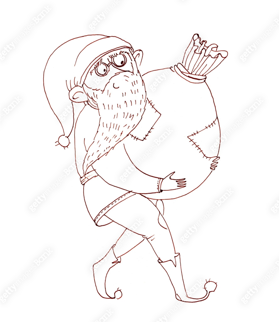 Smiling dwarf carries a torn bag full of coins. Color marker ...