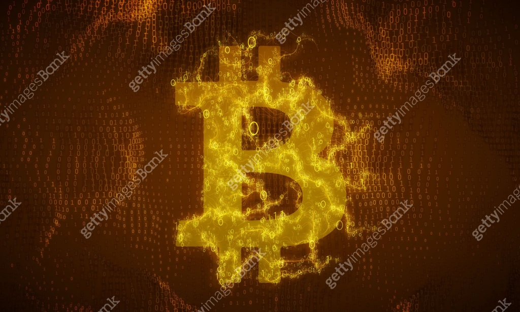 Vector golden Bitcoin symbol constructed with flowing binary numbers ...