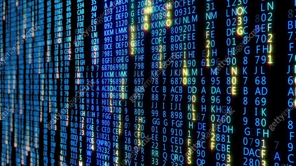 3D rendering of abstract blocks of matrix code located in the virtual ...