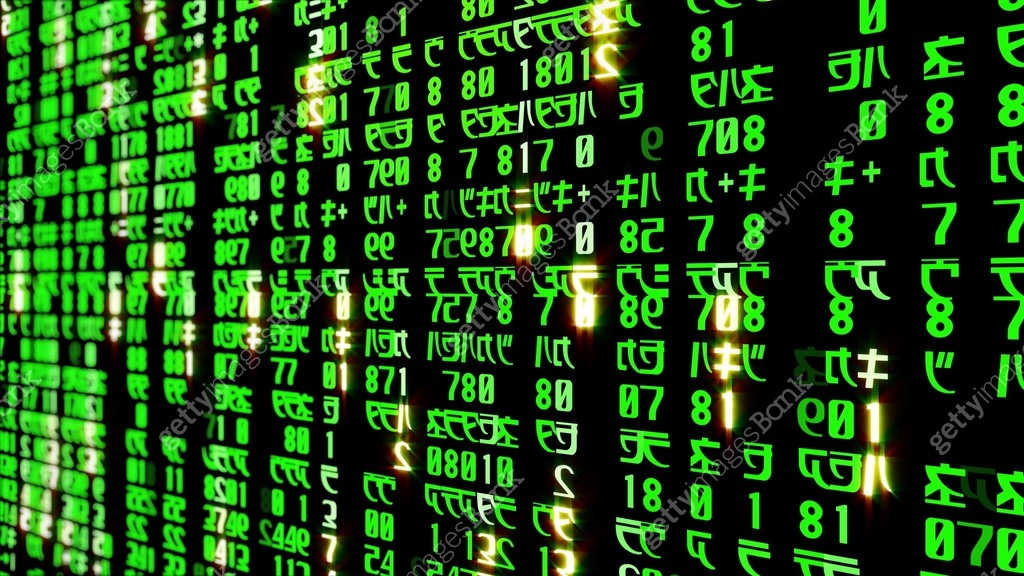 3D rendering of abstract blocks of matrix code located in the virtual ...