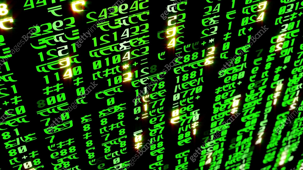 3D rendering of abstract blocks of matrix code located in the virtual ...