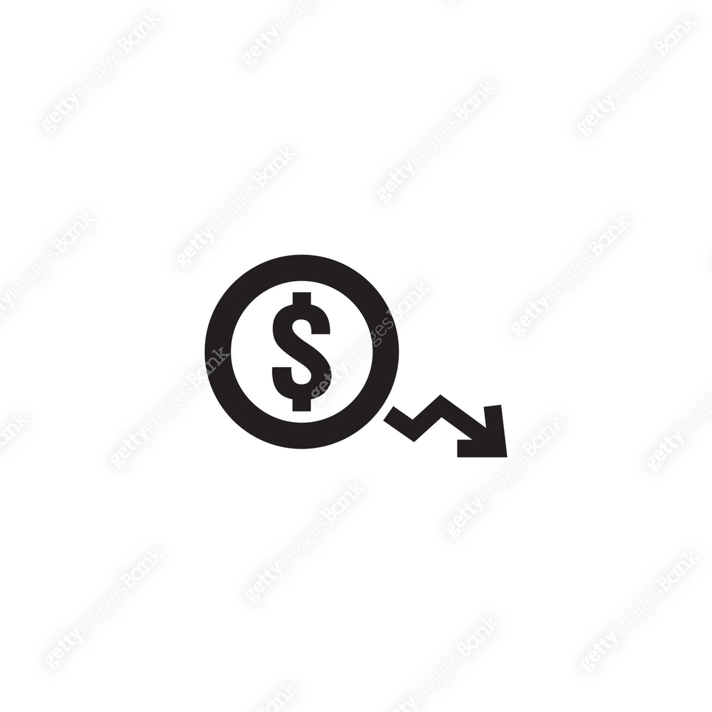 dollar decrease icon. Money symbol with arrow stretching rising drop ...
