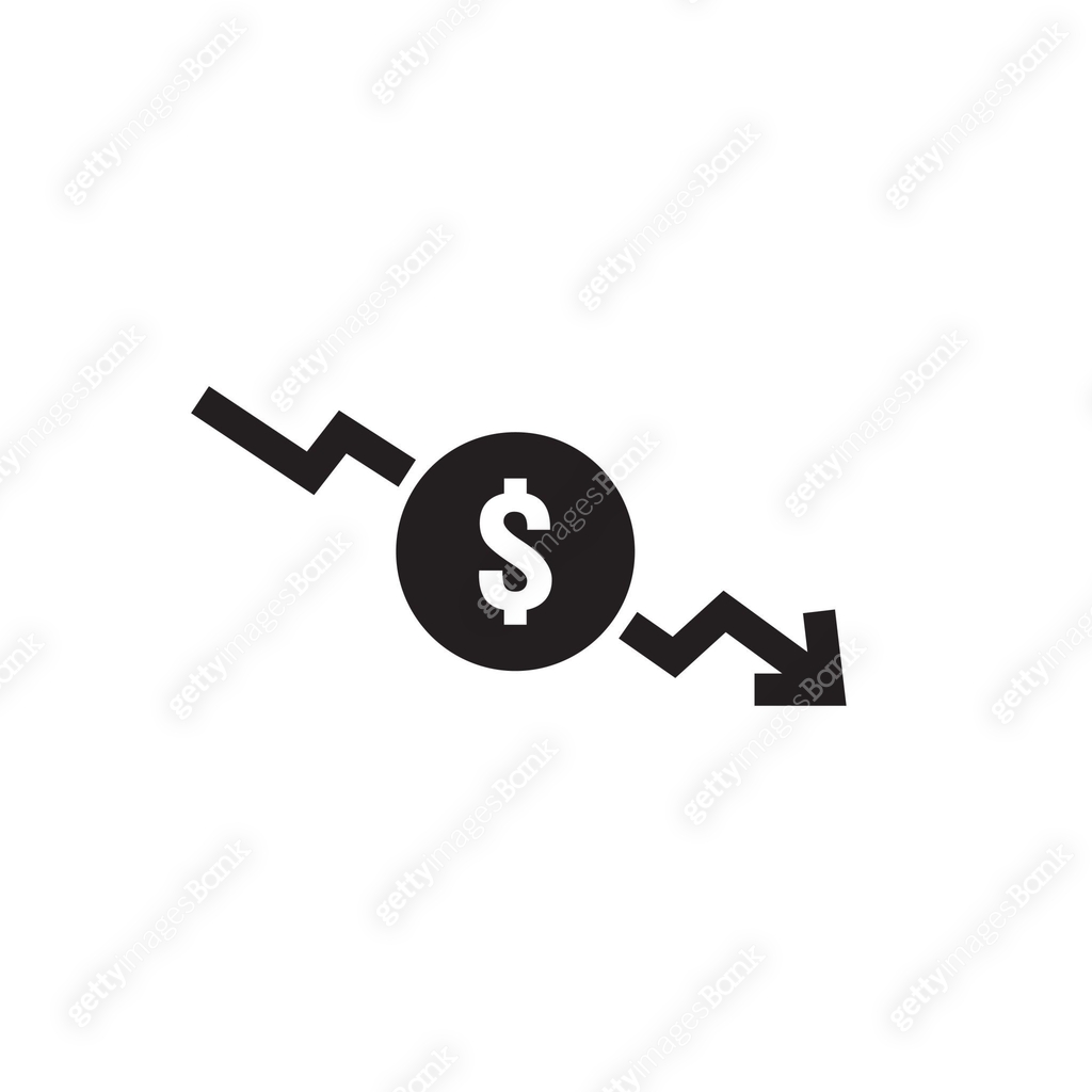 dollar decrease icon. Money symbol with arrow stretching rising drop ...