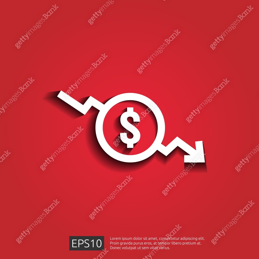 dollar decrease icon. Money symbol with arrow stretching rising drop ...