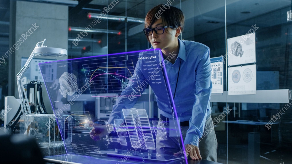 Asian Neural Microchip Design Engineer Uses Modern Computer With ...