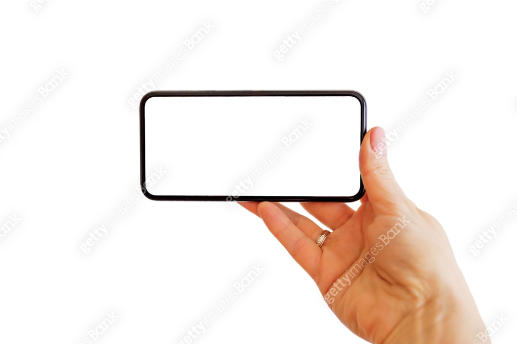 Viewing Something Person viewing something on phone with empty white screen. Mobile app ...