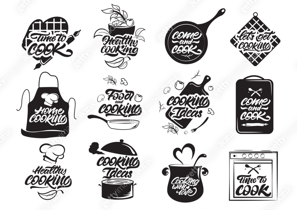 Cooking logos set. Healthy cooking. Cooking idea. Cook, chef, kitchen ...