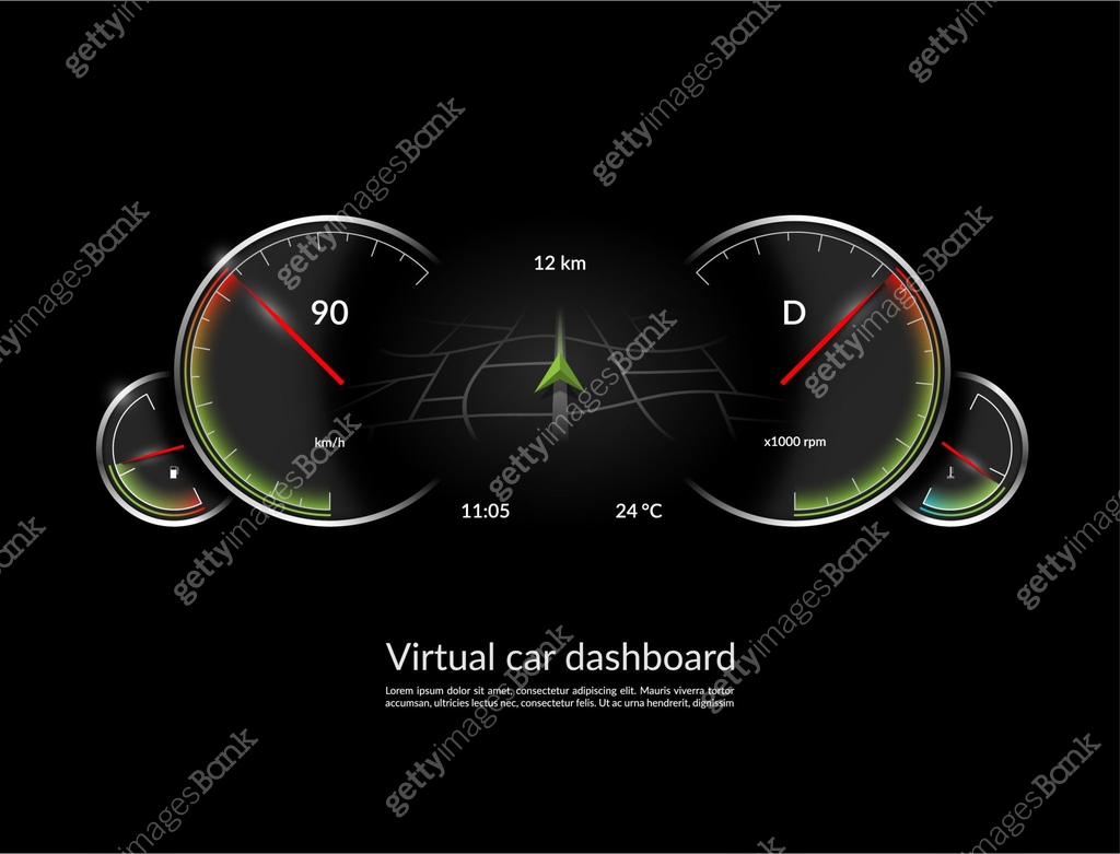 Virtual car dashboard concept. HUD vehicle interface with navigation ...