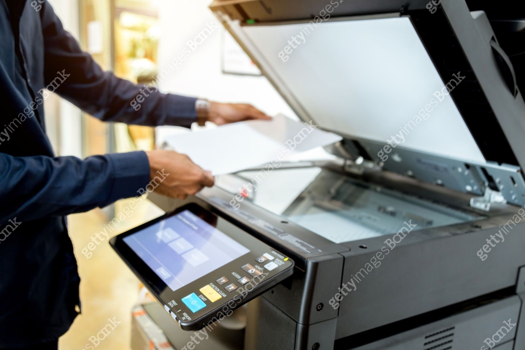 Copy Panel Bussiness man Hand press button on panel of printer, printer scanner ...