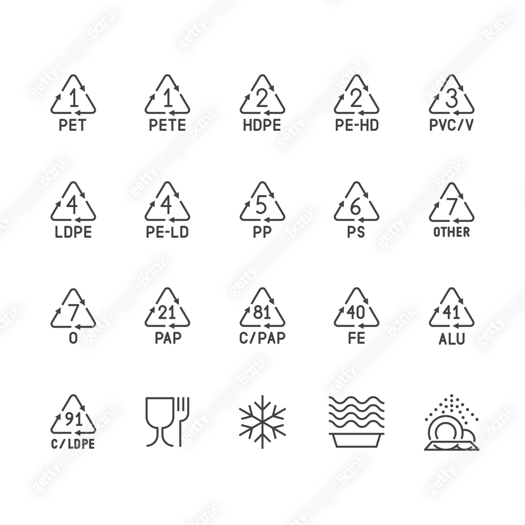 Sort Pvc Icons Plastic packaging line icons. Waste recycling symbols polyethylene, pvc ...