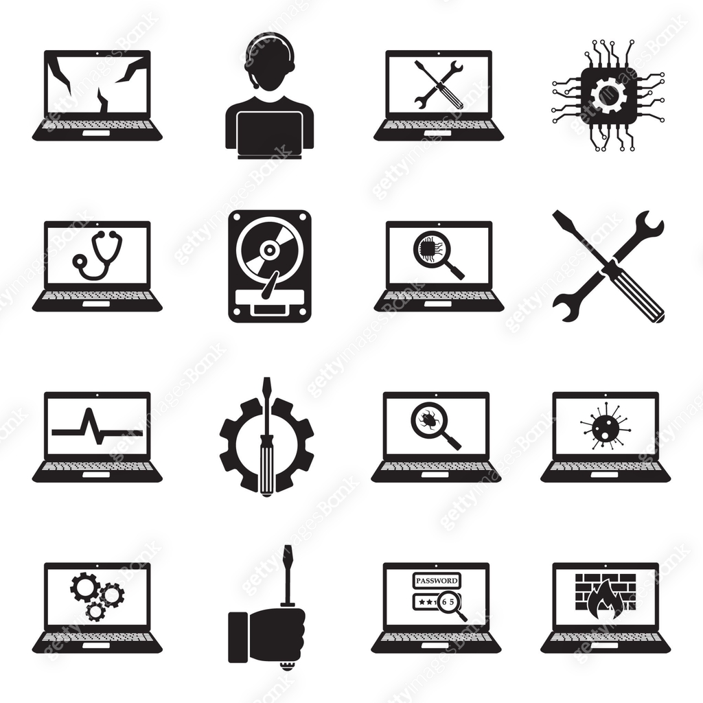 Computer Repair Icons. Black Flat Design. Vector Illustration. 이미지 ...
