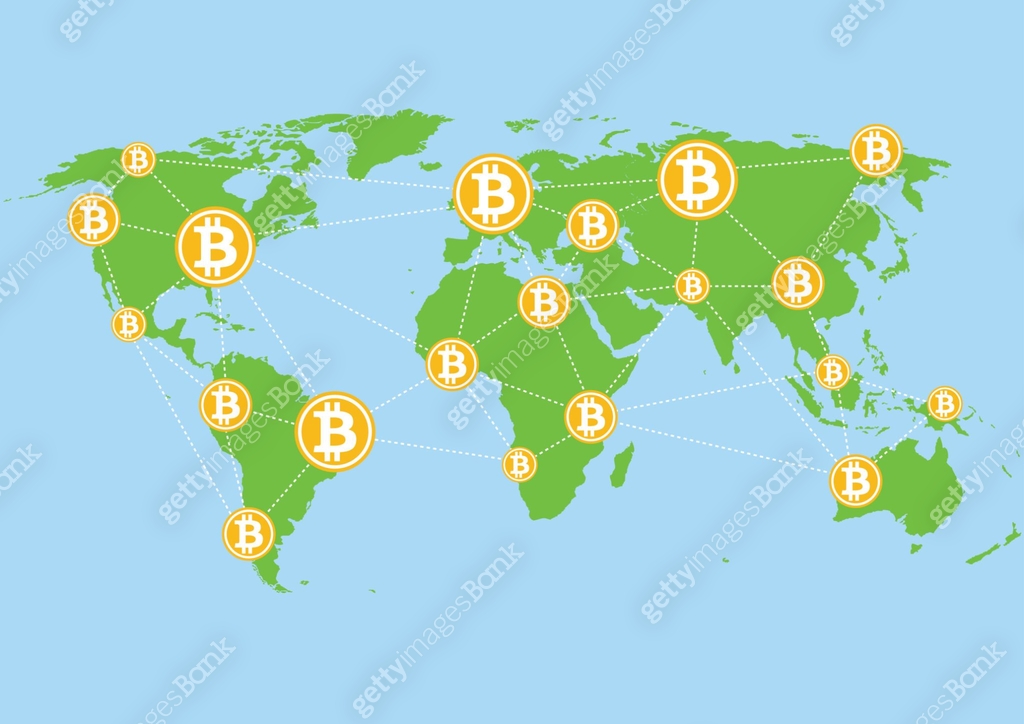 bitcoins on world map illustration - global money transfer 이미지 ...