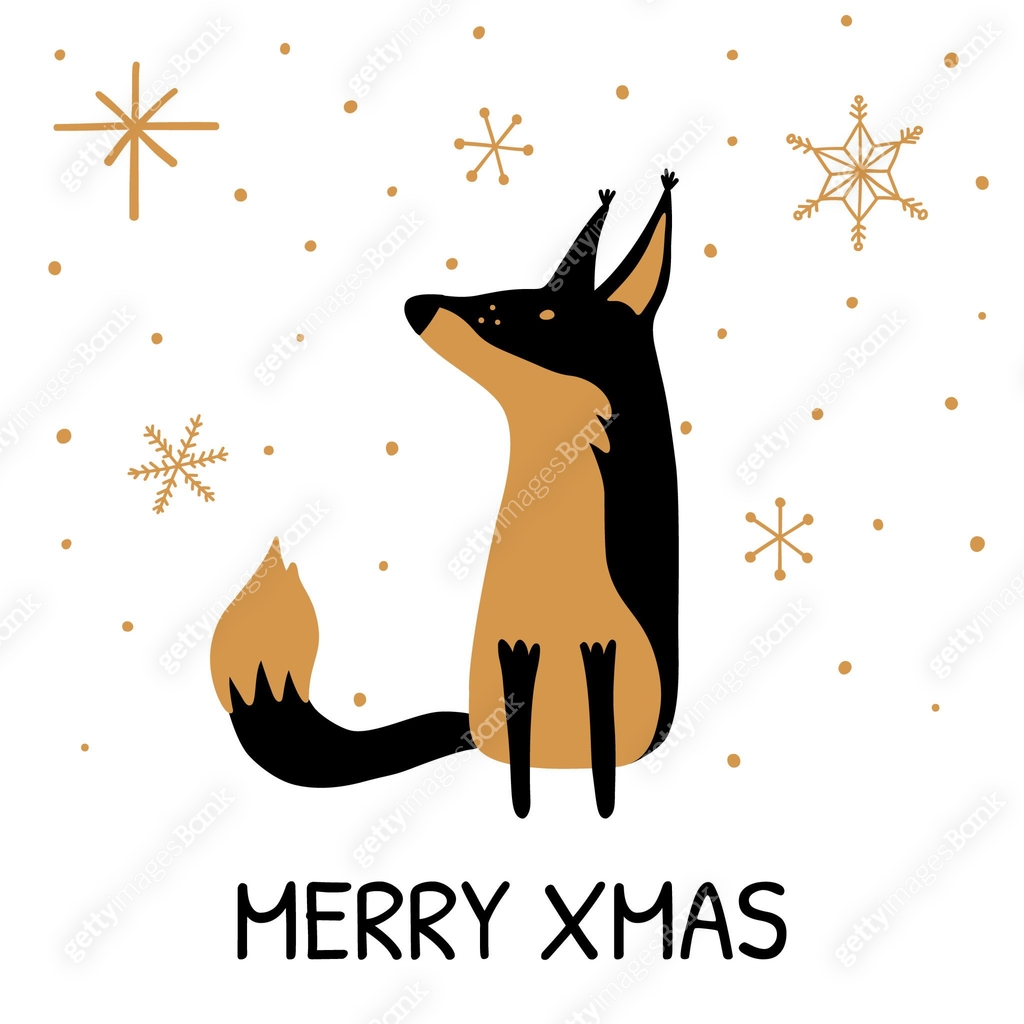 Greeting card with hand drawn cute Fox and inscription Merry Xmas ...