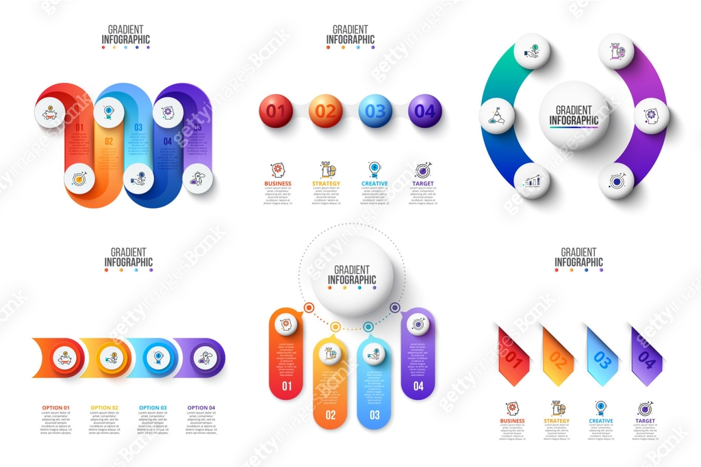 Infographic Examples Gradient Vector gradients infographic set with 4, 5 and 6 steps, options or ...