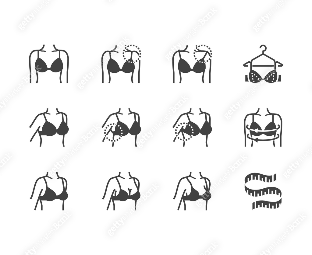 Lingerie flat glyph icons set. Bra fitting, breast measurement with ...
