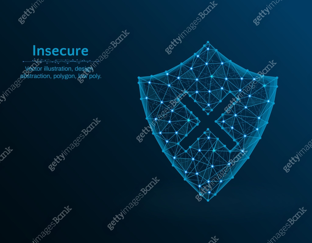 Insecure low poly vector illustration, shield and cross icon on blue ...