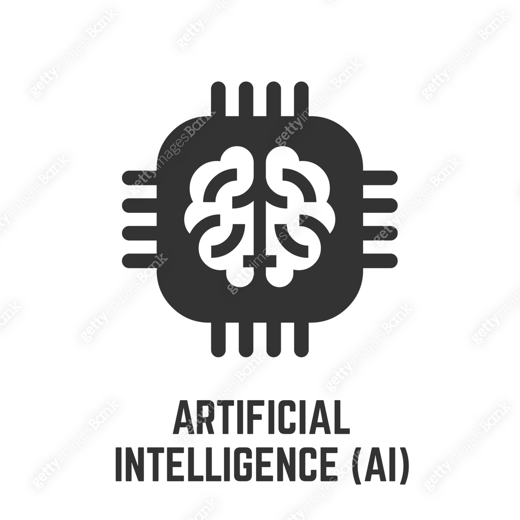 Artificial intelligence glyph icon with digital AI brain circuit chip ...