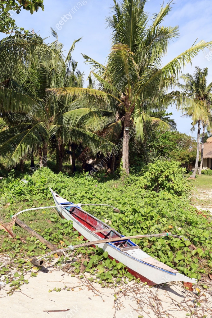 Traditional wooden outrigger canoe stranded on the beach 이미지 ...
