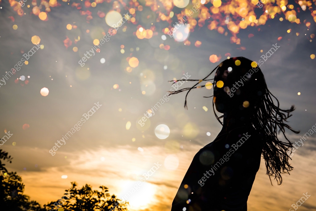Silhouette of braided hair teenage girl turning around 이미지 (1132625550