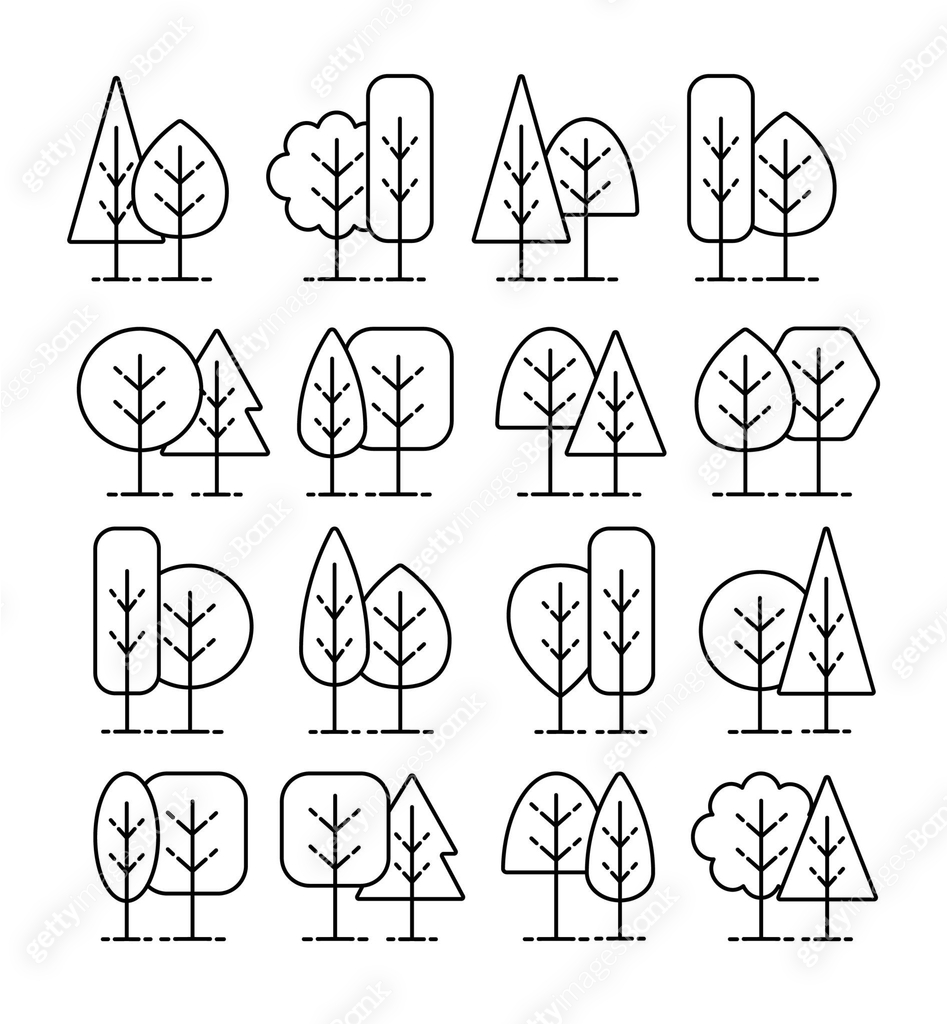 Simple geometric tree symbols. Line icon set of forest plants. Natural ...