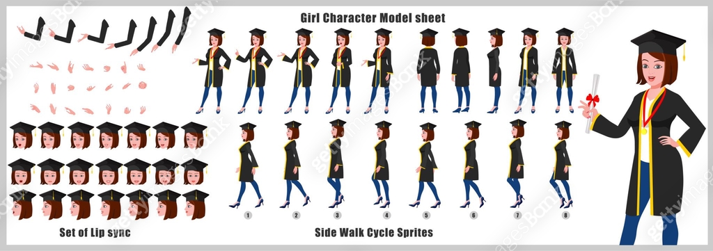 Model Walk Names Young girl character model sheet with walk cycle animation sprite and ...